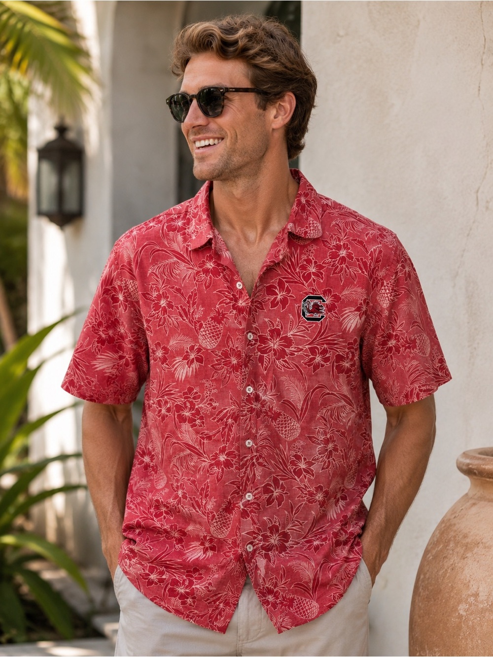 Tommy Bahama University of SC Red Floral Tropical Short-Sleeve Button-Down Shirt